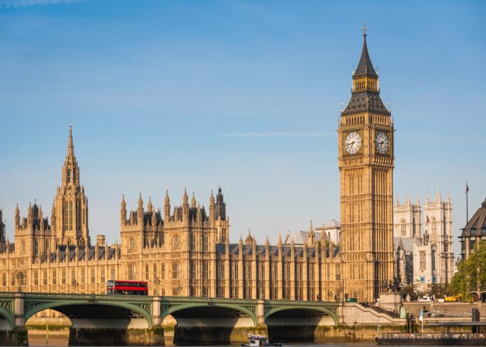 London Big Ben Westminster Bridge Parliament red bus Thames UK